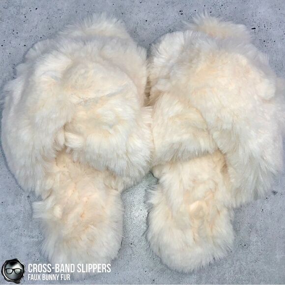 FUZZY FAUX BUNNY FUR CROSS BAND SLIPPERS IN IVORY NON-SLIP SIZE SMALL 5.5 - 6.5 - Picture 5 of 15